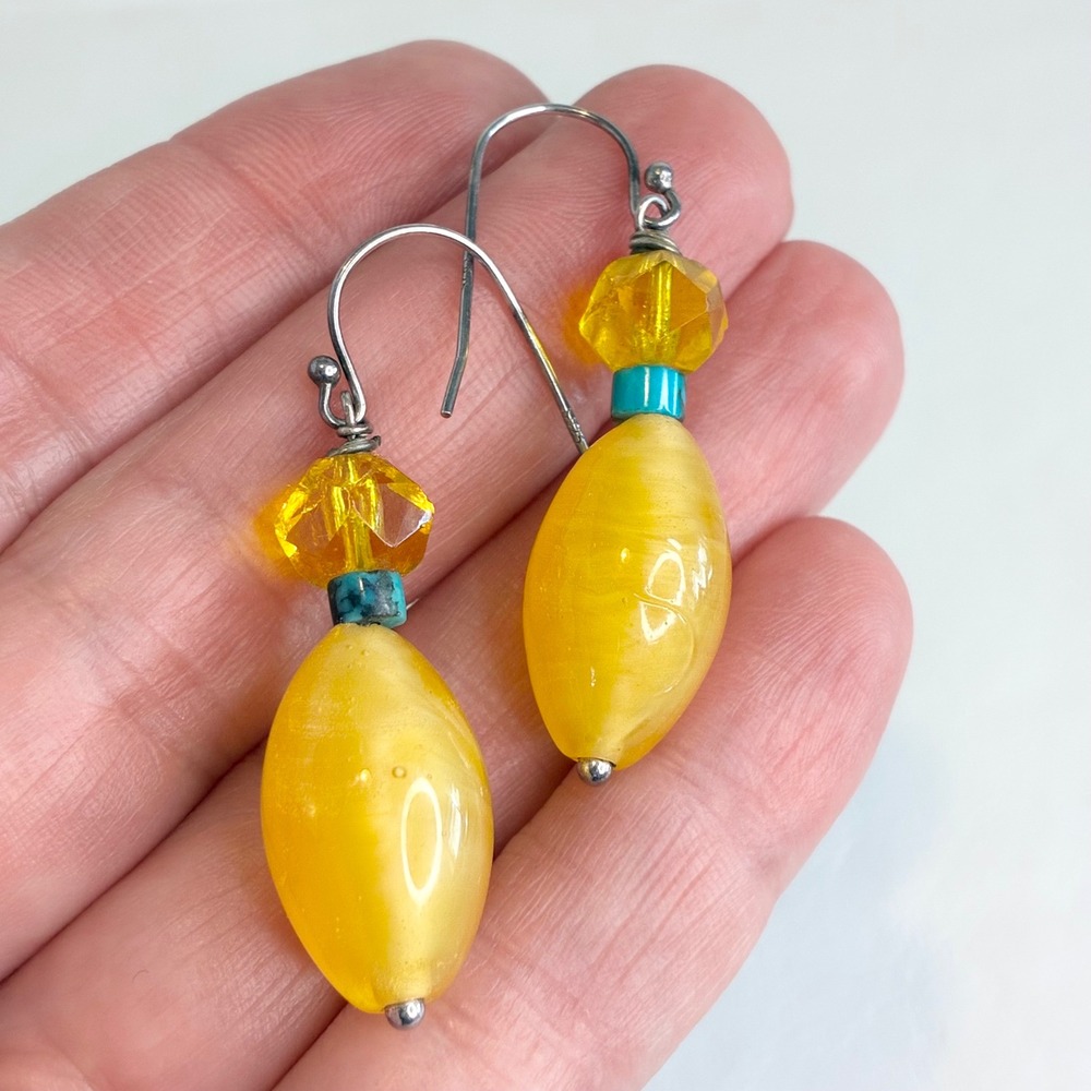 Vintage Sterling Silver Earrings Yellow Glass Turquoise 925 Drop Dangle Boho